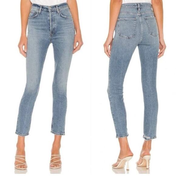Agolde Nico High Rise Slim Jeans Button Fly Light Distressing Med Wash Size 25 - Picture 1 of 11